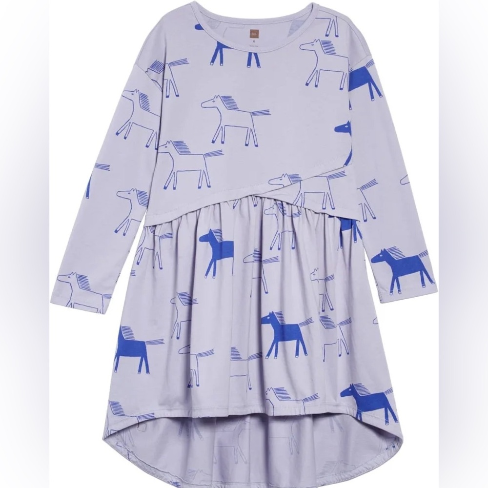 Lilac Mist Highland Horses Asymmetrical Wrap Dress - Girls, Blue, Size 5